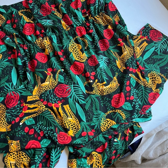 AMERICA & BEYOND black green tropical jungle animal leopard floral wide leg - Picture 5 of 7